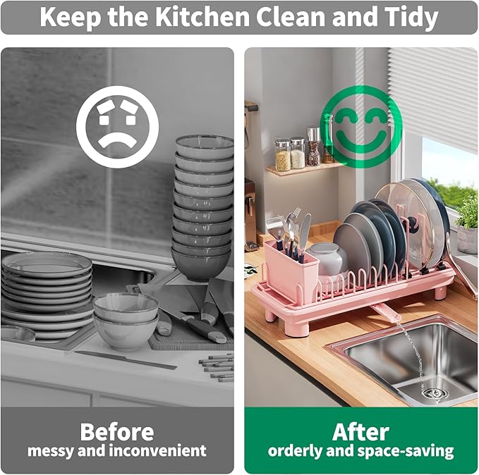 SanDream Small Dish Drying Rack with Removable Utensil Holder & Anti-Scratch Base - Stainless Steel Dish Rack, Dish Drying Rack with Drainage & Space Saving Design for Kitchen Counter, Pink