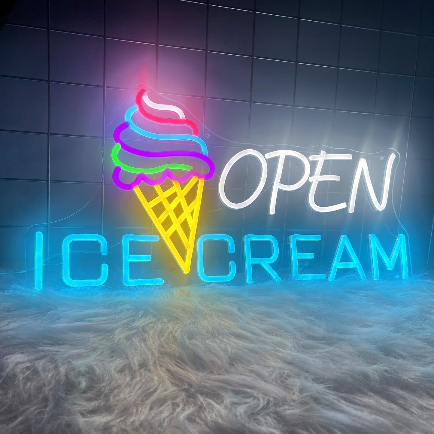 Ice Cream Sign 22.4x11'' Ice Cream Open Shop Neon Signs USB Powered Bar Sign Light Open for Snacks Business Store Cafe Drink Shop Decor Adjust Brightness
