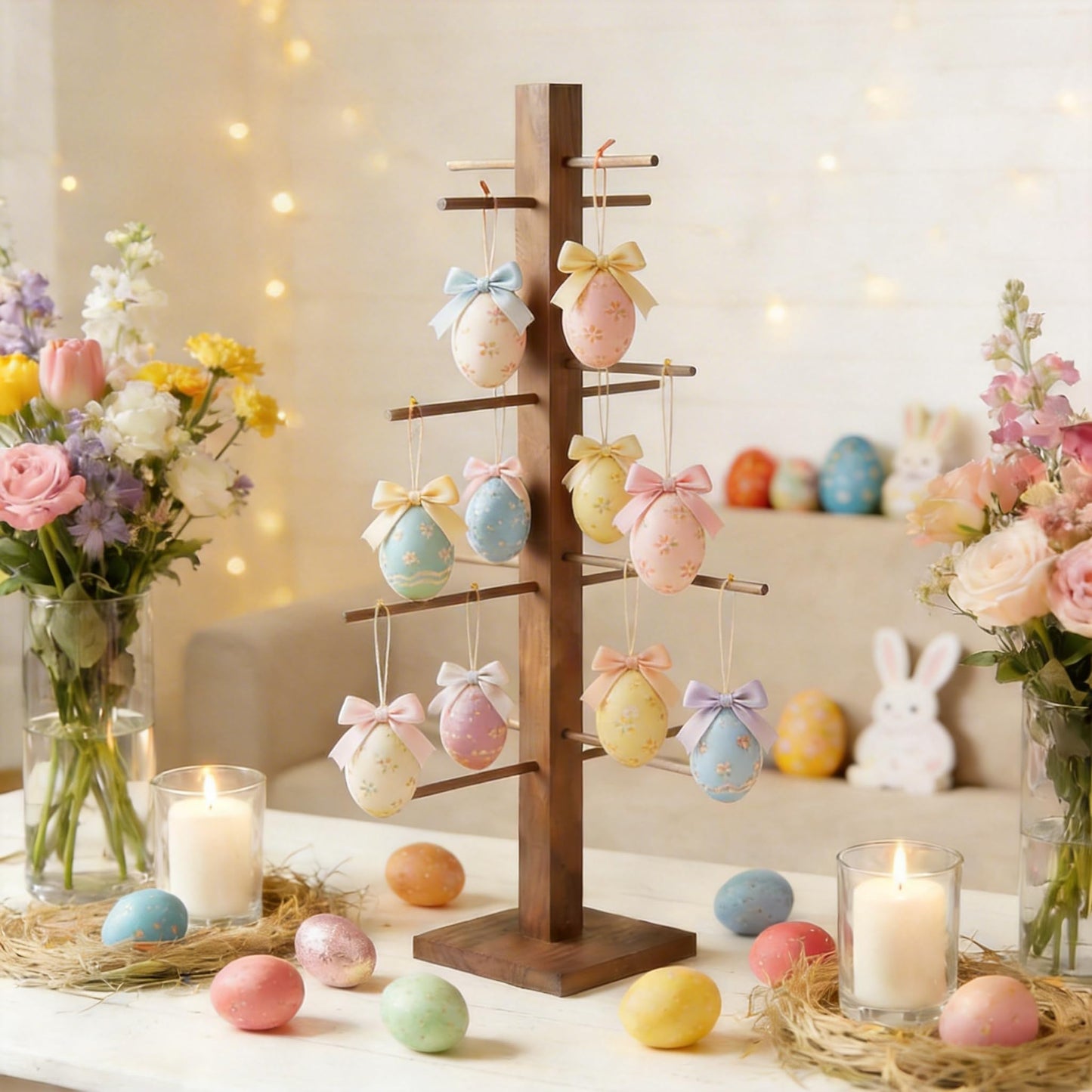 32 inch Easter Farmhouse Ornament Tree Display Stand Artificial Easter Egg Display Tree Tabletop Decor Wood Rustic Trees for Wedding Anniversary Christmas Birthday Farmhouse Party Home Decoration