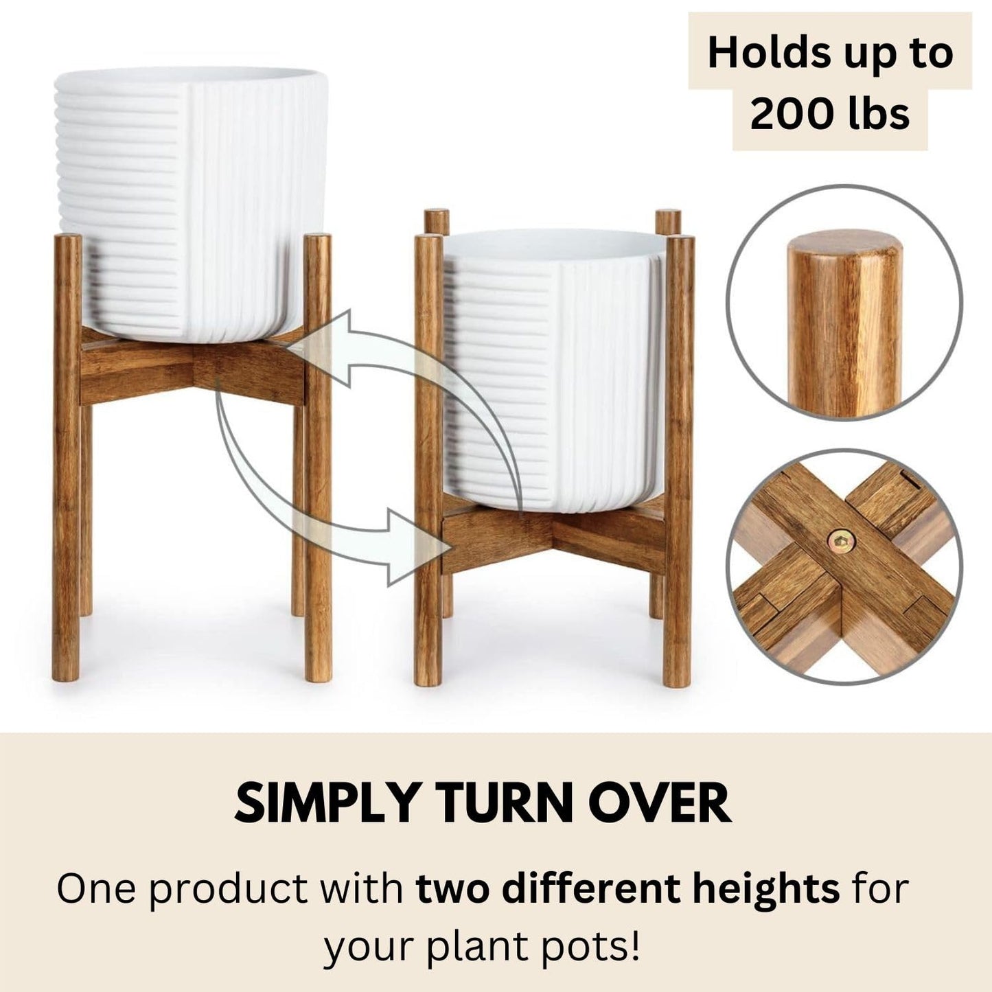 Fox & Fern Large Adjustable Plant Stand Indoor — 11 to 15 Inch Mid Century Bamboo Plant Stand - Plug In Design - Easy to Assemble - Two Heights - For 11, 12, 13, 14 & 15 Inch Pots (Not Included)