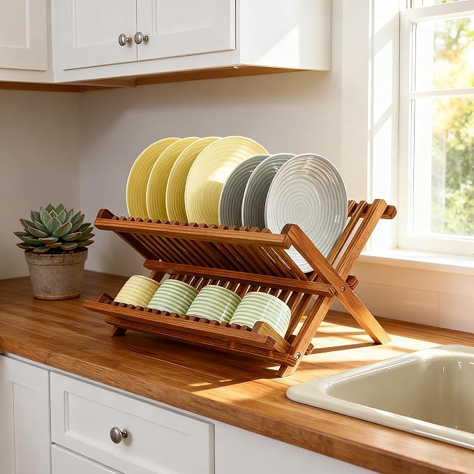 Utoplike Teak Dish Drainer Rack Collapsible 2 Tier Dish Rack Dish Drying Rack Foldable Plate Organizer Holder for Kitchen Compact Countertop