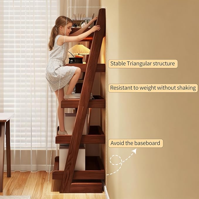 5 Tier Ladder Shelf, Leaning Bookshelf with Wood Frame, 5 Shelf Tall Bookcase Standing Storage Organizer Solid Wood Storage Shelves for Living Room, Bedroom, Home Office (Walnut)