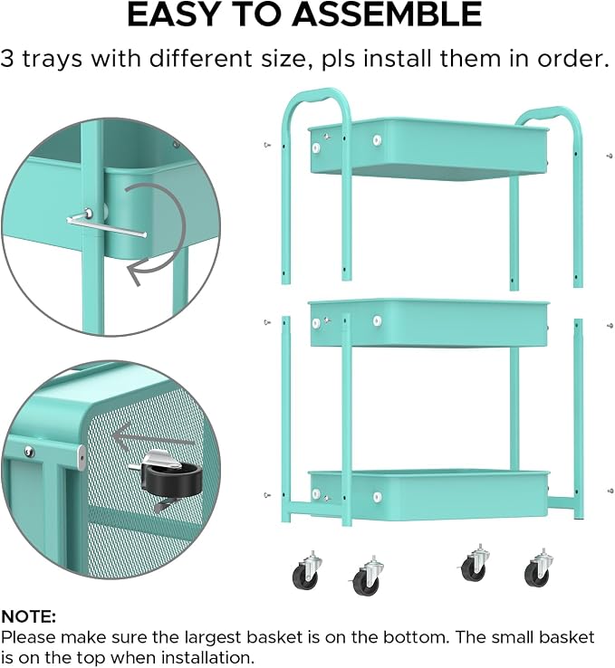 MAX Houser 3-Tier Rolling Utility Cart with Caster Wheels,Easy Assembly, for Kitchen, Bathroom (Turquoise)