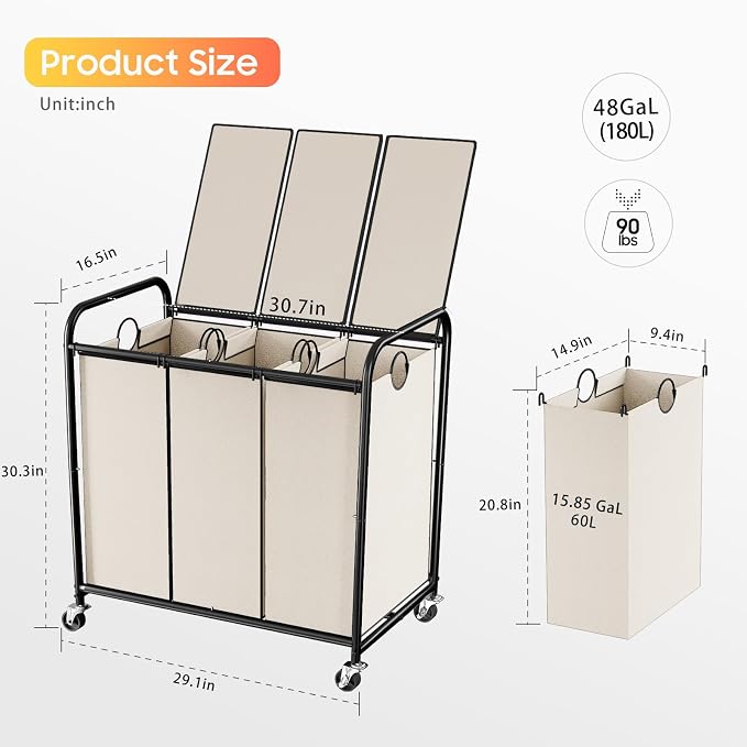 180L (47.55 Gal) Laundry Sorter 3 Section, Rolling Laundry Basket with Lockable Wheels and Lid, Laundry Hamper with 3 Separated Removable Bags Dirty Clothes Hamper for Laundry Room Organizer, White
