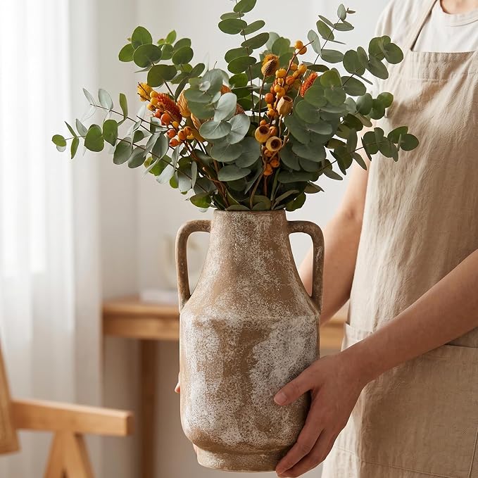 Ceramic Flower Vase, 10.7in Farmhouse Table Rustic Vases, Small Flower Terracotta Vases for Home Decor, Living Room,Table, Handcrafted (Terracotta)