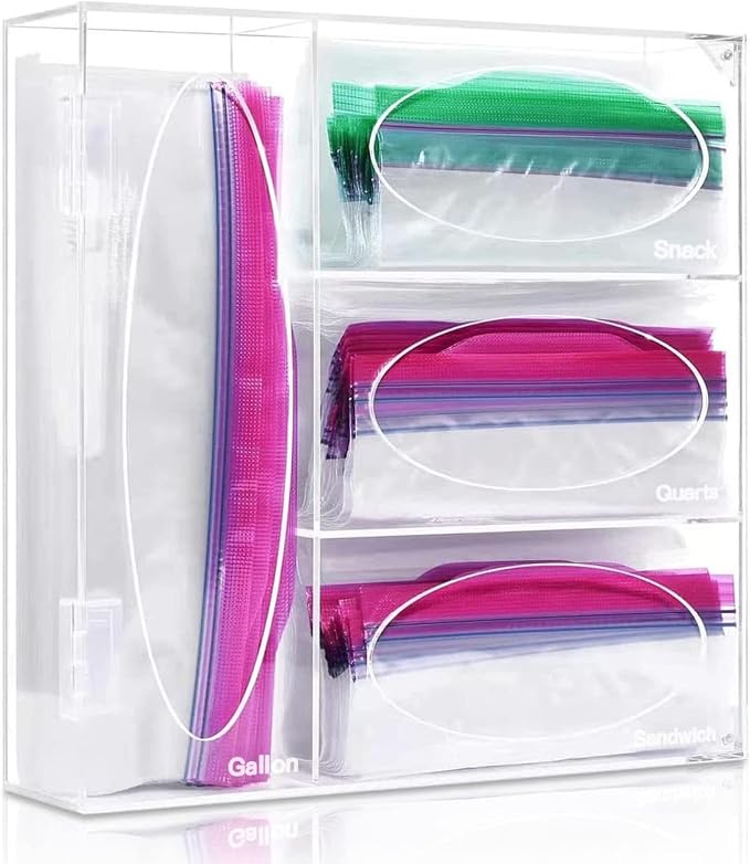 Plastic Bag Holder, Ziplock Bag Storage Organizer Acrylic Plastic Bags Organizer Drawer & Wall-Mount for Sandwich, Snack, Quartz, Gallon/Freezer