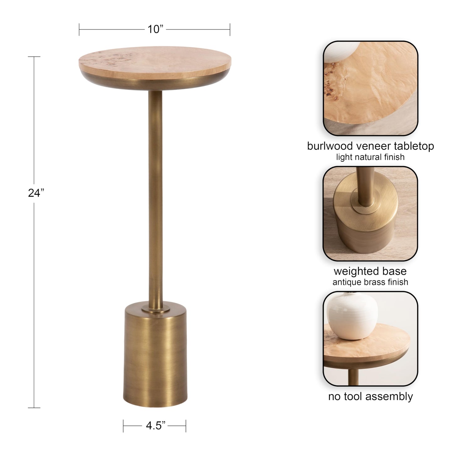Kate and Laurel Xyler Modern Round Wood and Metal Drink Table, 10 x 10 x 24, Burlwood and Antique Brass, Transitional Pedestal Table for Use as Indoor Plant Stand or Living Room Decor Accent