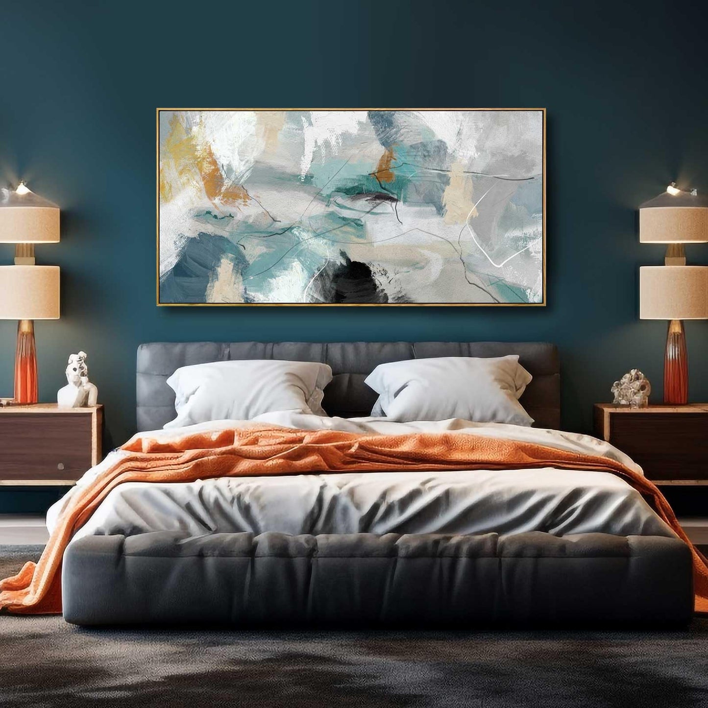 Wall Art Living Room Decorations 24"x48" Teal Wall Art Abstract Paintings Modern Framed Art Room Decor for Bedroom Kitchen Office