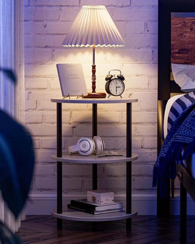 XBurmo Round Coffee Table for Living Room - Narrow Side or Bedside Stand, Industrial Vintage Nightstand for Bedroom, or Small Spaces, Greige