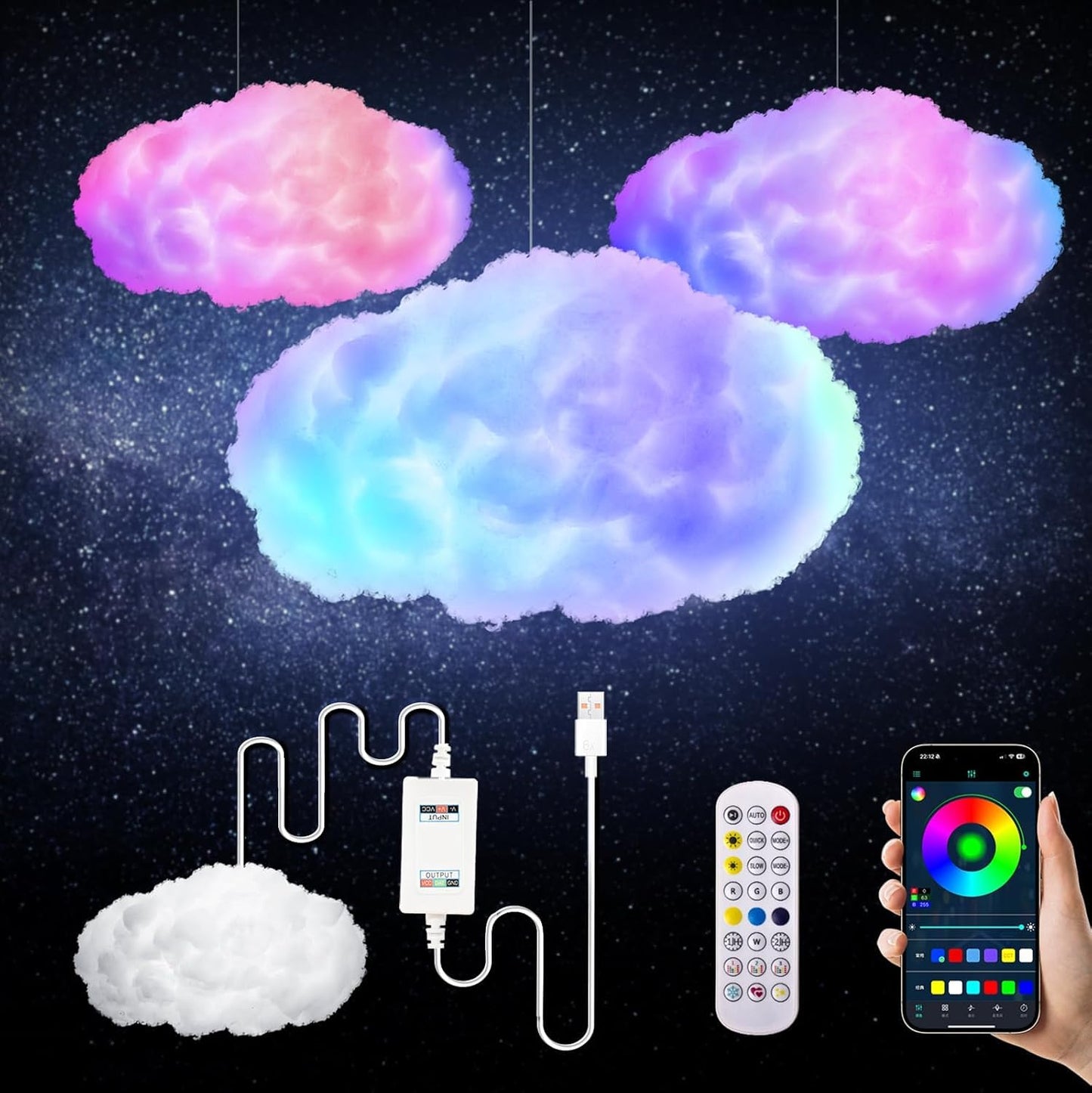 oooYYDSxxx 3D Cloud Lamp 1 Pack APP Controlled Music Sync 24 Inch Cotton LED Mood Lights 16 Million Color Changing Wireless Remote USB Powered for Bed