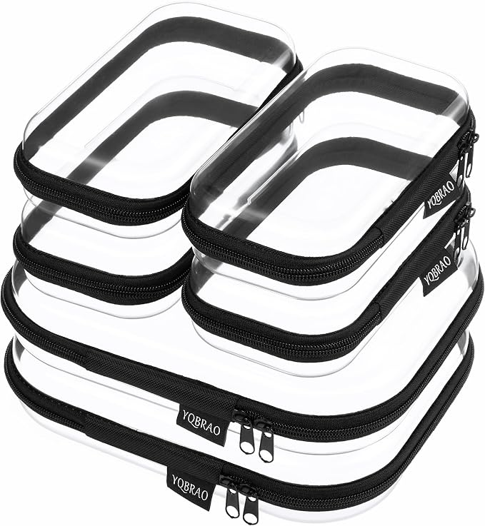 6 Pack Black Clear Hard Shell Beauty Organizer (2M+4S), 1.2mm Heavy Duty Crush-Proof Cosmetic Case, Reinforced YKK Zippers, Stadium Approved Security Bag for Skincare & Electronics, Multi-Size Set
