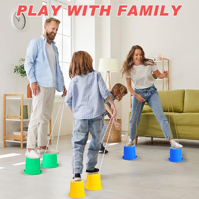 Hungdao 12 Pairs Balancing Stilts for Kids Walking Bucket Stilts Plastic Walking Toy with Adjustable Rope for Preschool Playground Indoor Outdoor Obstacle Course Games, 4 Colors