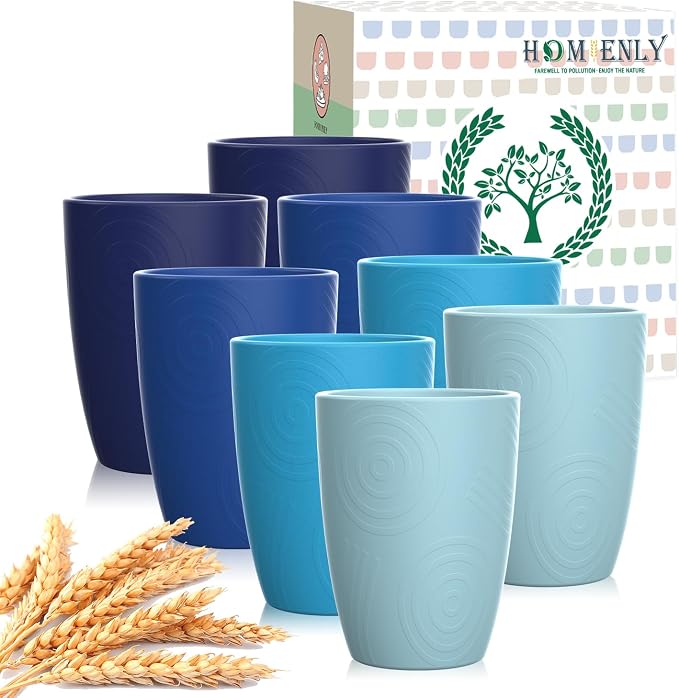 Homienly Wheat Straw Cups Set of 8, 12oz Drinking Cups, Plastic Cups Reusable Dishwasher Safe, Water Cup Set for Juice, Milk, Coffee - Ocean