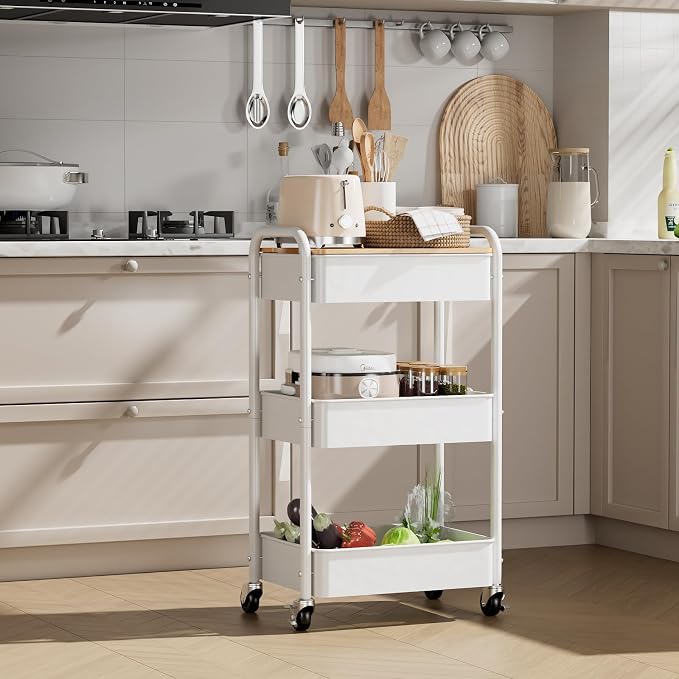 3 Tier Rolling Cart with Table top, Metal Rolling Utility Cart on Wheels, Sturdy Storage Organizer Cart with Hooks for Office, Classroom, Kitchen and Bathroom (White)
