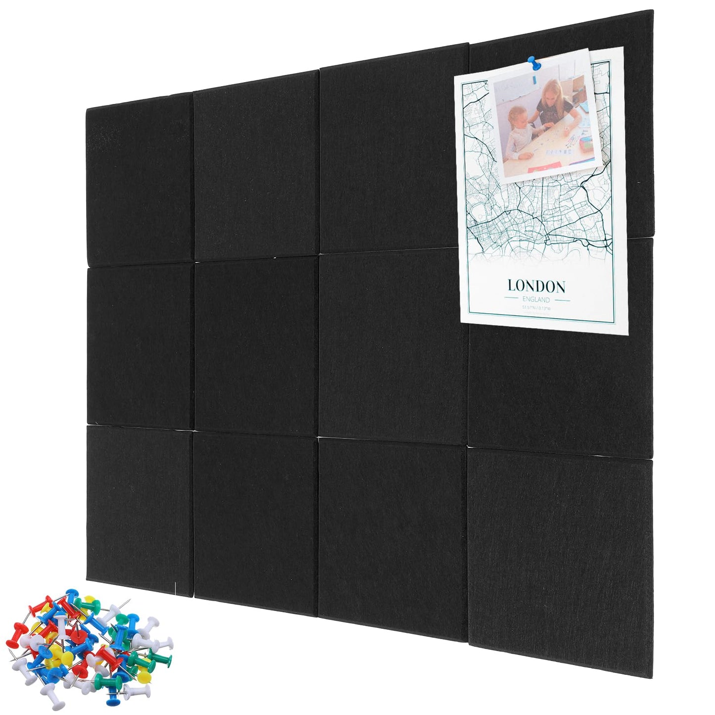 12 Pack 47x35 Inch Large Cork Board Alternative, Black Felt Bulletin Boards Wall Tiles with Push Pins and Removable Adhesive Tabs, for Office Home Pin Board