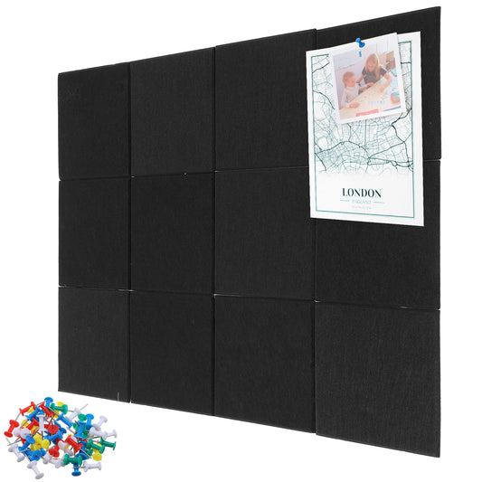 12 Pack 47x35 Inch Large Cork Board Alternative, Black Felt Bulletin Boards Wall Tiles with Push Pins and Removable Adhesive Tabs, for Office Home Pin Board