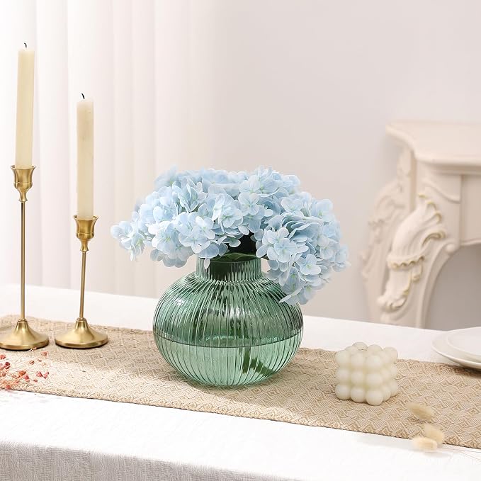 Green Glass Vase for Tulips, Ribbed Glass Vase for Flowers, Round Flower Vases, Small Short Vases for Living Room, Office, Coffee Table, Shelf, Wedding, 6 Inches