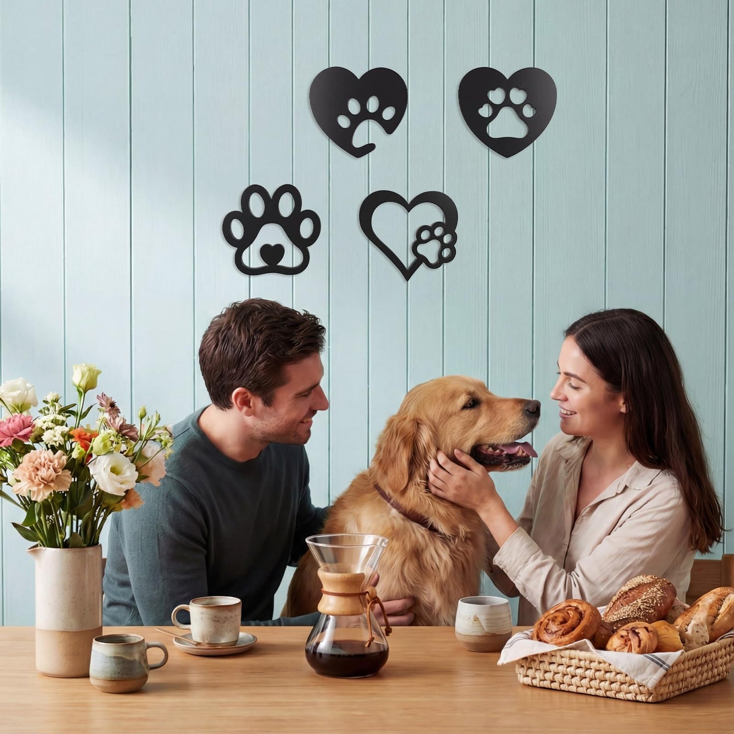 Dplolng Dog Wall Decor, 4PCS Paw Prints Wall Art, Black Dog Lovers Gifts For Home Kitchen Bathroom Bedroom Decoration
