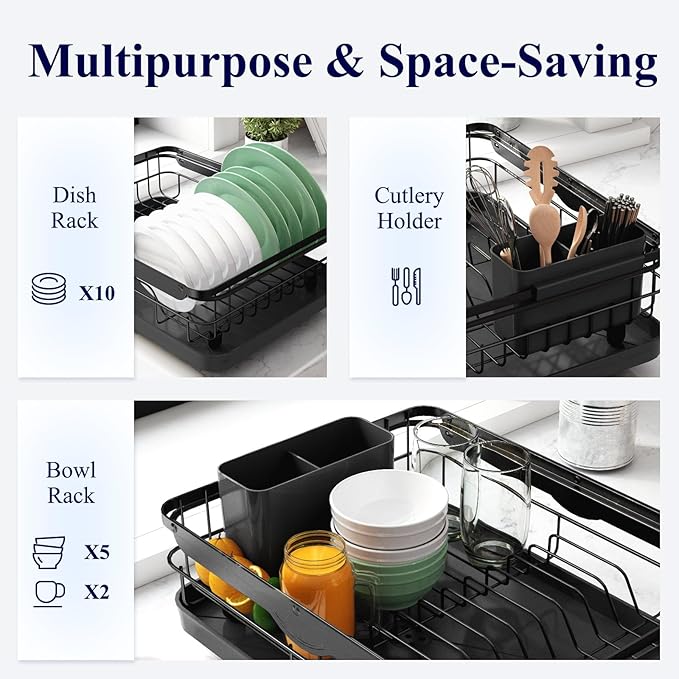 Kitsure Dish Drying Rack for Kitchen Counter, Stainless Steel Sink Organization and Storage Essentials with Cutlery Holder, Home and Appartment Decor, 12.2''W x 15.7''~23''L, Black