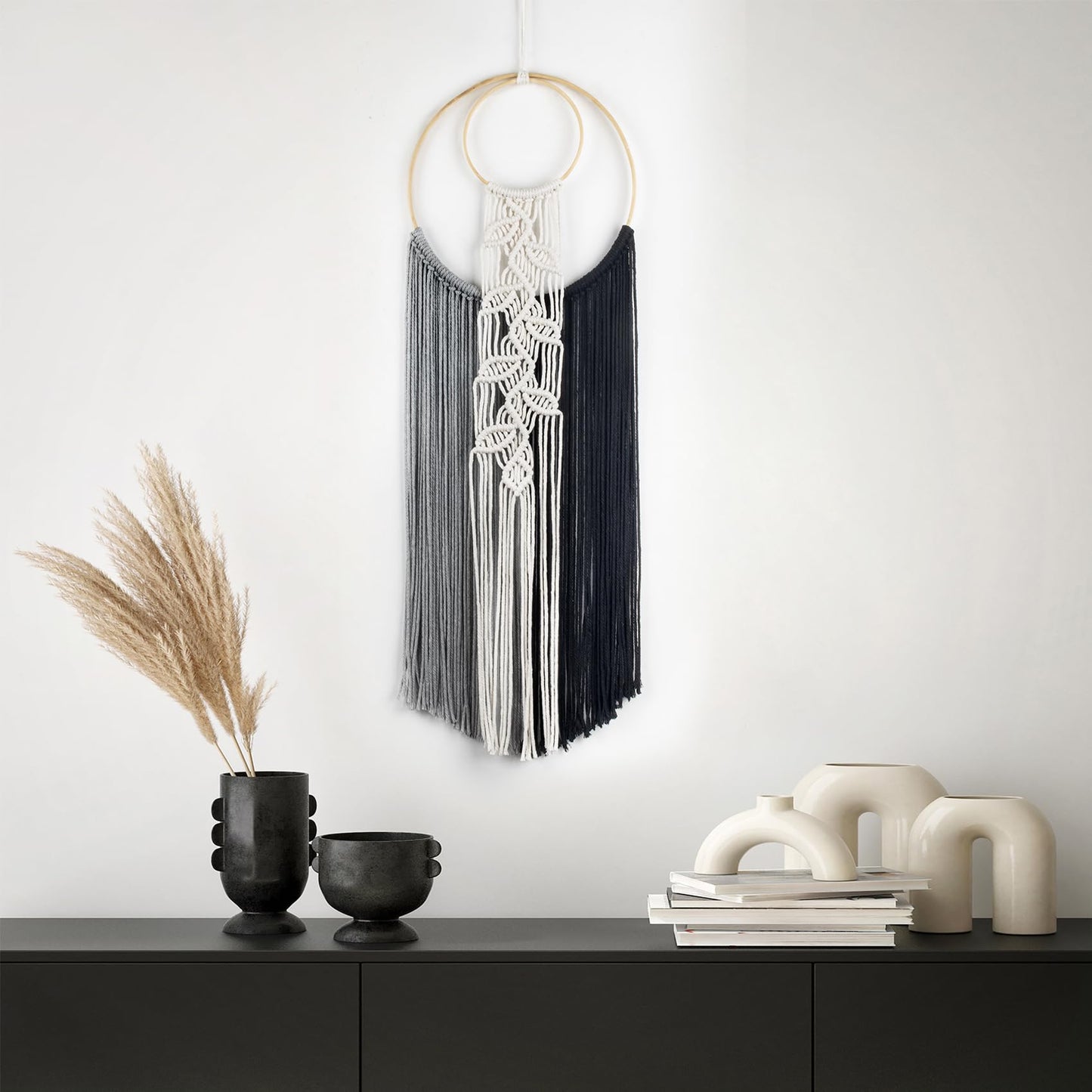 LB Boho Black White Grey Macrame Wall Hanging Hand Woven Leaf Pattern Tapestry Wall Art with Wood beads Modern Aesthetic Tassel Wall Decor for Home, Bedroom, Living Room