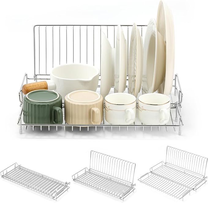 Foldable Dish Drying Rack, Small Dish Drying Racks, Collapsible Dish Drying Rack for Kitchen Counter - Compact Design, Stainless Steel, Silver