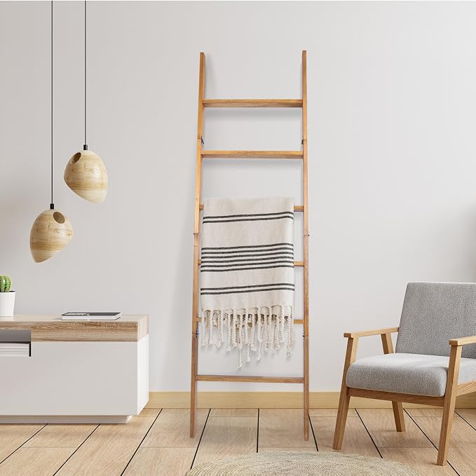 Blanket Ladder, 6-Tier Wooden Quilt Stand, Decorative Ladder Shelf, Leaning Shelf, Wall Leaning Blanket Ladder Towel Storage Rack for Living Room (Walnut)