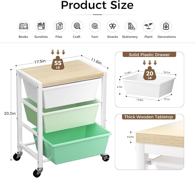 Rolling Cart with 3 Drawers, Plastic Drawer Storage Carts with Lockable Wheels & Wooden Tabletop, Metal Art Craft Utility Cart Organizer for Home Office Bedroom Dorm Bedside Classroom, Bright Green