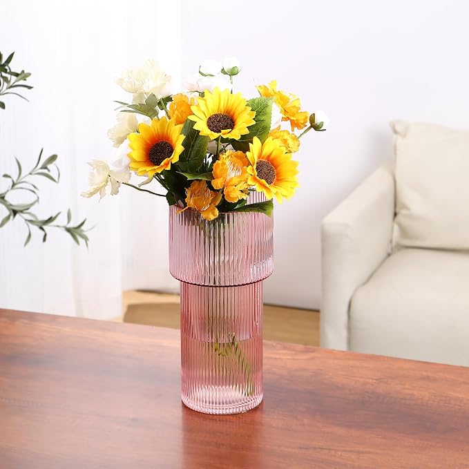 Large Pink Glass Vase, 12 Inches Tall Fluted Vase for Flowers, Modern Torch-Shaped Flower Vase with Ribbed Texture for Living Room, Dining Table, Office, Entryway, Mantle, Shelf, Wedding Gifts
