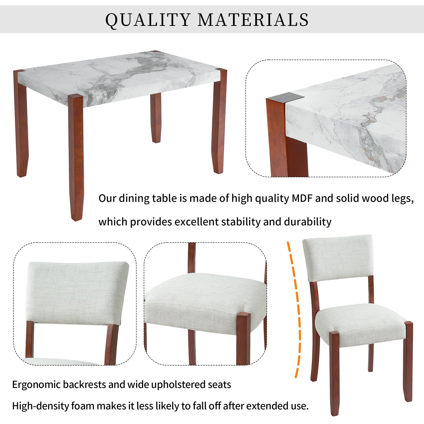 GDFStudio 4 Piece Faux Marble Dining Set with Bench, 46.6" Kitchen Table with 2 Upholstered Chairs, Rubber Wood Legs, Modern Space Saving Furniture for Dining Room, Beige