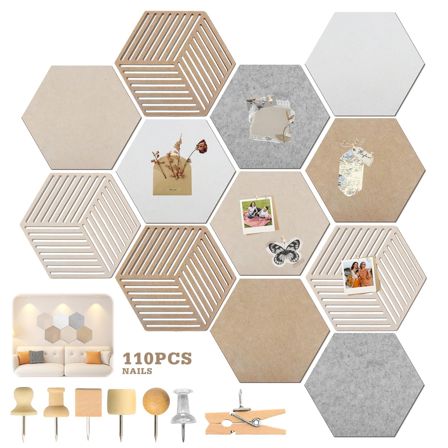 Hexagon Cork Board 12pcs with 110 Push Pins,Bulletin Board Decorative for Tiles Walls Office Room Decor Felt Vision CorkBoards for Home Pictures Photos Notes 12'' Hex