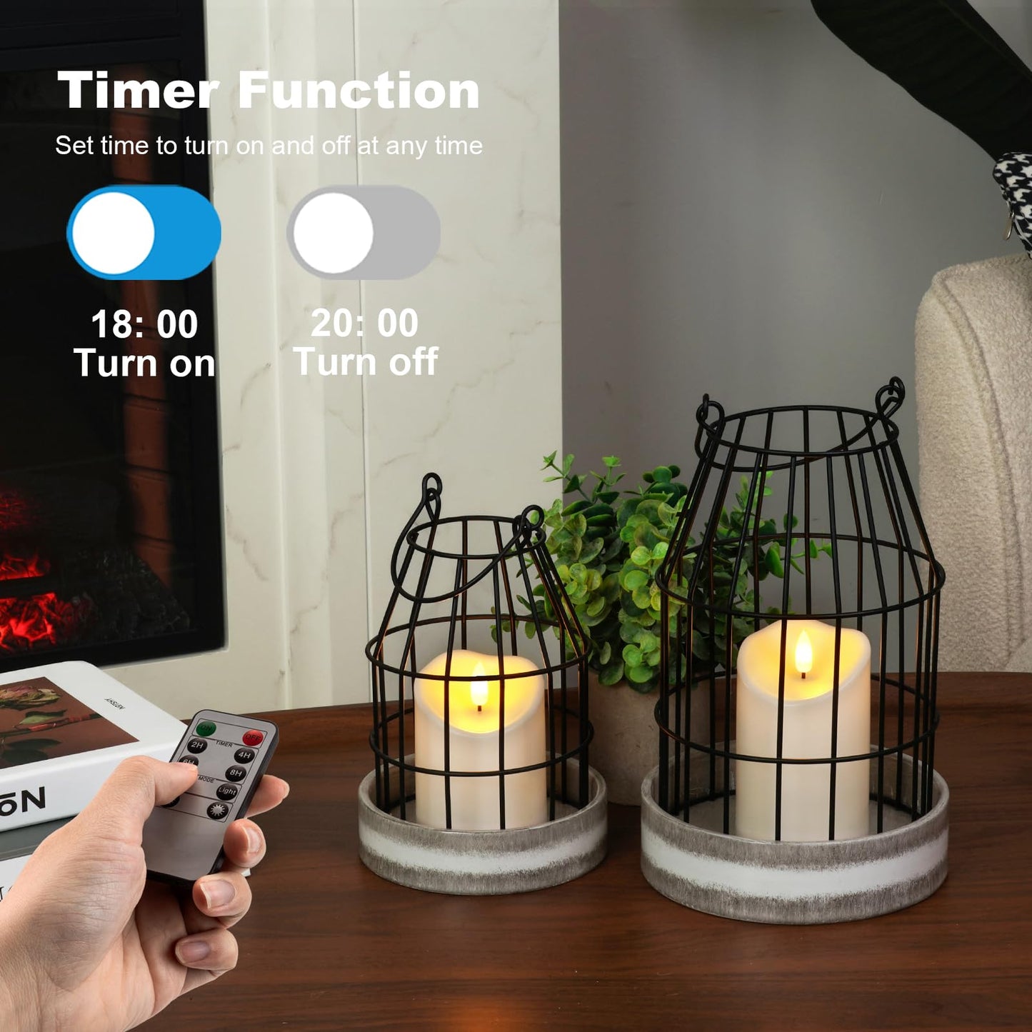 Homemory Rustic Farmhouse Lantern Decor with Flameless Candle & Remote Timer, 2PCS Stylish Metal Candle Holder Home Decorations for Fireplace Mantle Kitchen Dining Table Living Room
