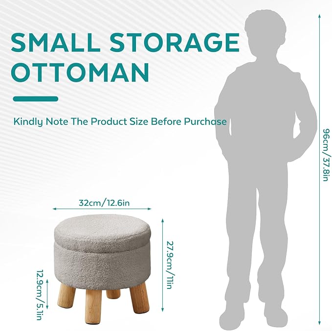 Small Foot Stool Ottoman with Storage, Sherpa Ottoman Foot Rest for Couch, Round Footstool with Storage, Small Ottomans and Footstools for Living Room and Entryway (Light Gray)