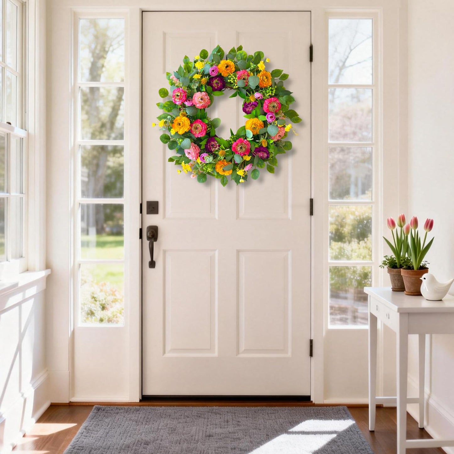 CHvista Spring Wreaths for Front Door 24 Inch Outdoor Spring Wreath with Peony Rose Ranunculus & Eucalyptus,Handmade Silk Summer Wreaths for Front Door,Spring Door Wreath for Porch Home Wall Window
