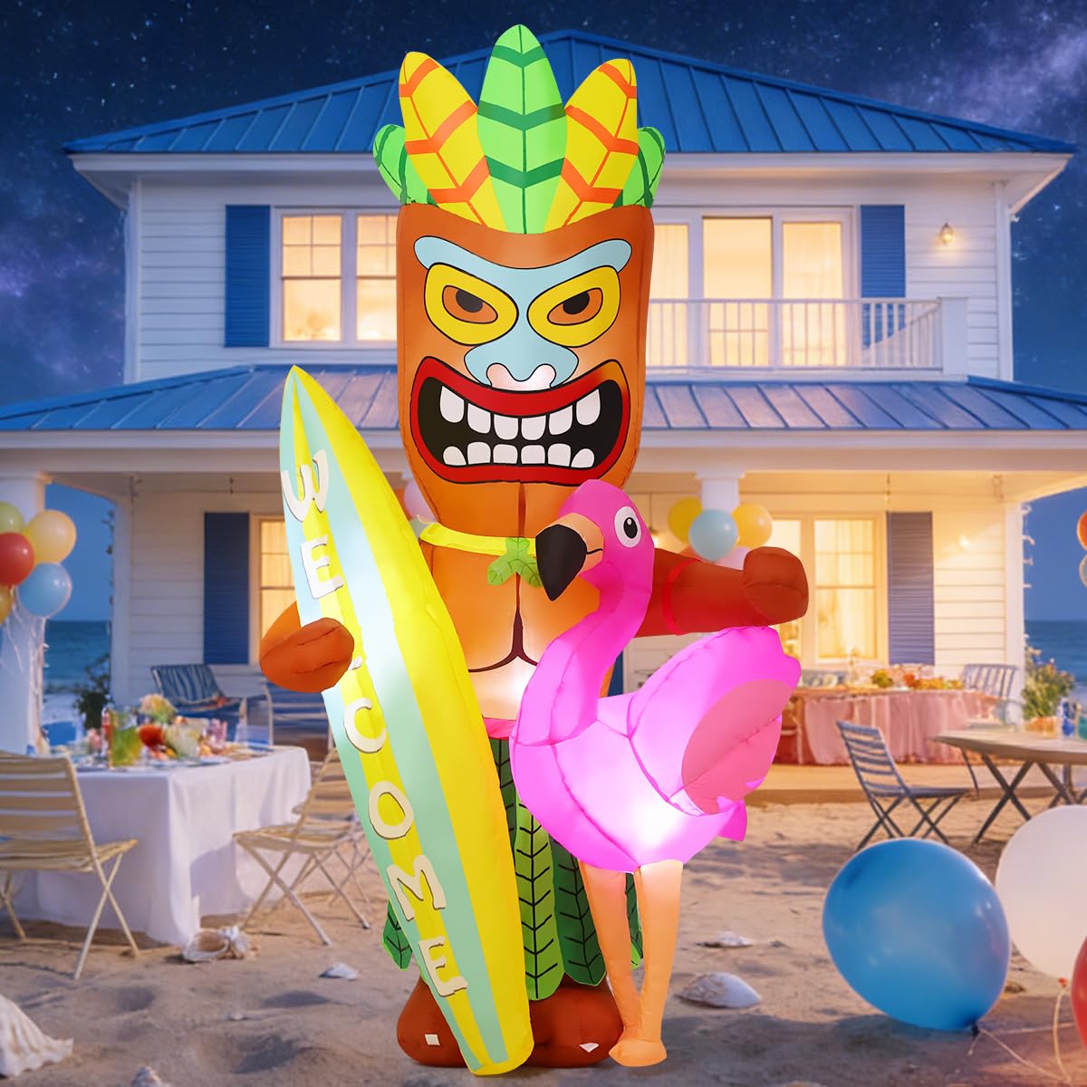 GOOSH 6 FT Summer Inflatables Tiki Luau Decorations Blow Up Yard with Flamingo and Surfboard Built-in LEDs for Hawaiian Party Beach Surfing Yard