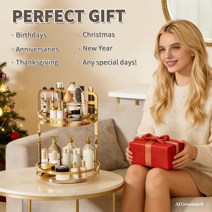 360° Rotating Makeup Organizer, 2-Tier Gold Perfume Organizer for Dresser, Bathroom Organizers Countertop, Perfume Shelf with Makeup Brush Holder, Skincare Holder Cosmetic Display(Gold)