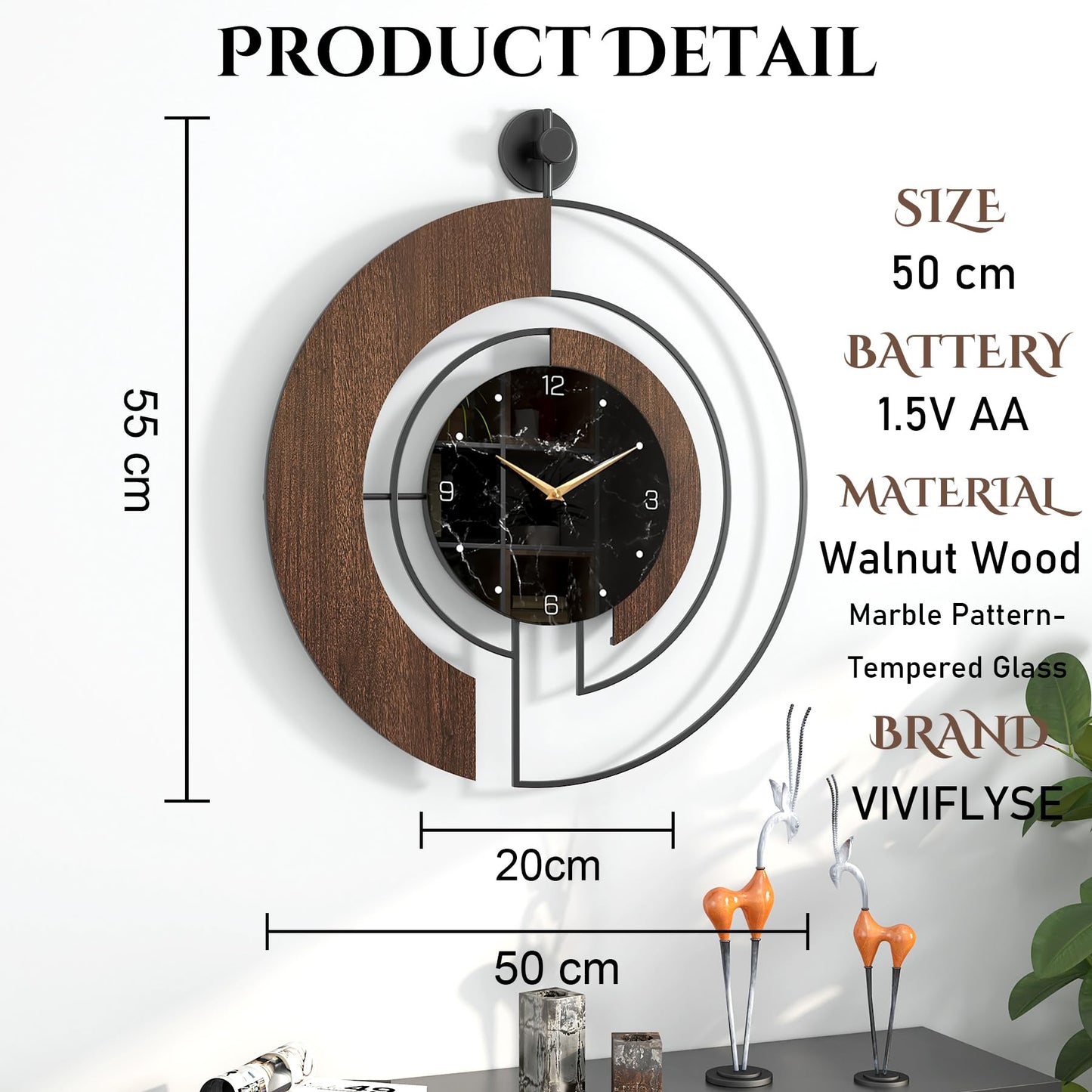 VIVIFLYSE Modern Walnut Marble Dial Wall Clock, Large Wood Metal Frame Silent Non Ticking Wall Clocks for Living Room, Bedroom Decoration, Contemporary Home Wall Decor Gift Idea, 22 in
