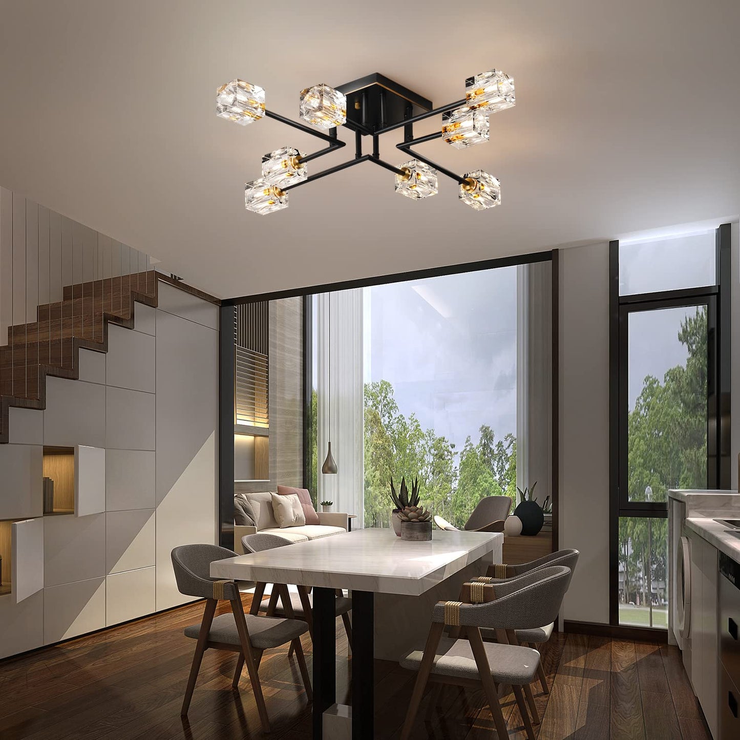 8-Lights Semi Flush Mount Ceiling Light Fixture,Black and Gold Modern Crystal Chandeliers,Farmhouse Lighting Fixtures for Dining Room Living Room Kitchen Bedroom Entryway
