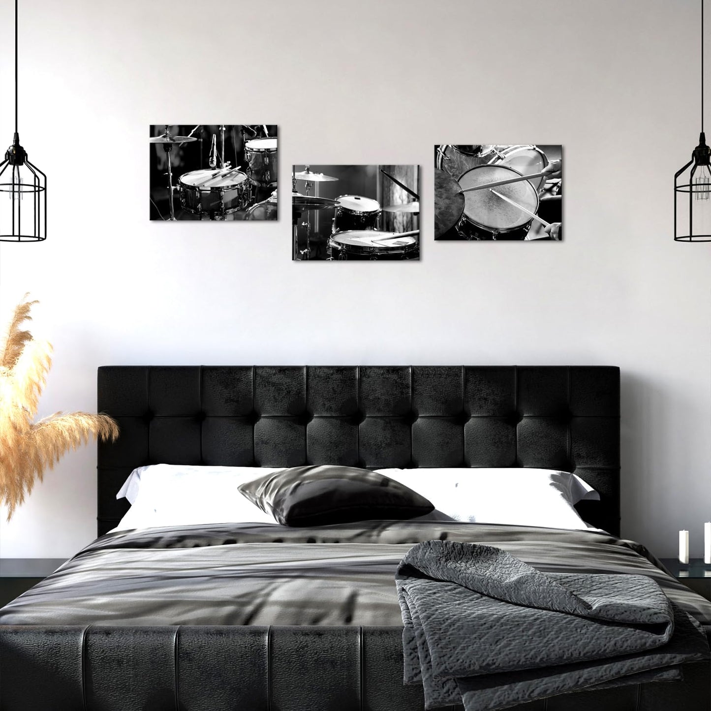 LyerArtork 3 Piece Music Wall Art Canvas Prints Black and White Rock Band Shelf Drum Set Musical Instruments Pictures Artwork Wall Decor for Home Living Room Musical Studio 12x16inchx3