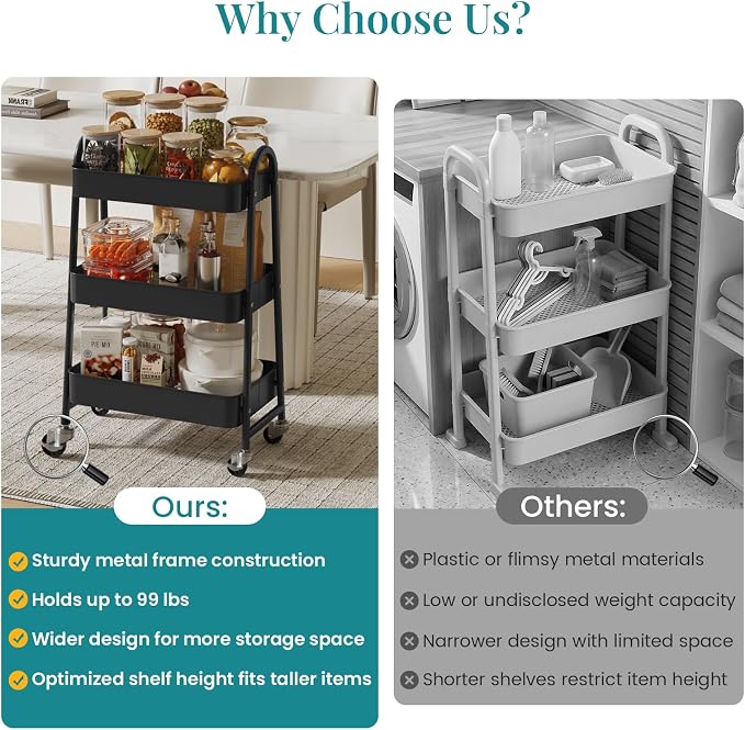 OLIXIS Metal 3 Tiers Utility Rolling Cart, Mobile Storage Shelf with Lockable Caster Wheels, Organization for Livingroom, Bathroom & Narrow Places, Black
