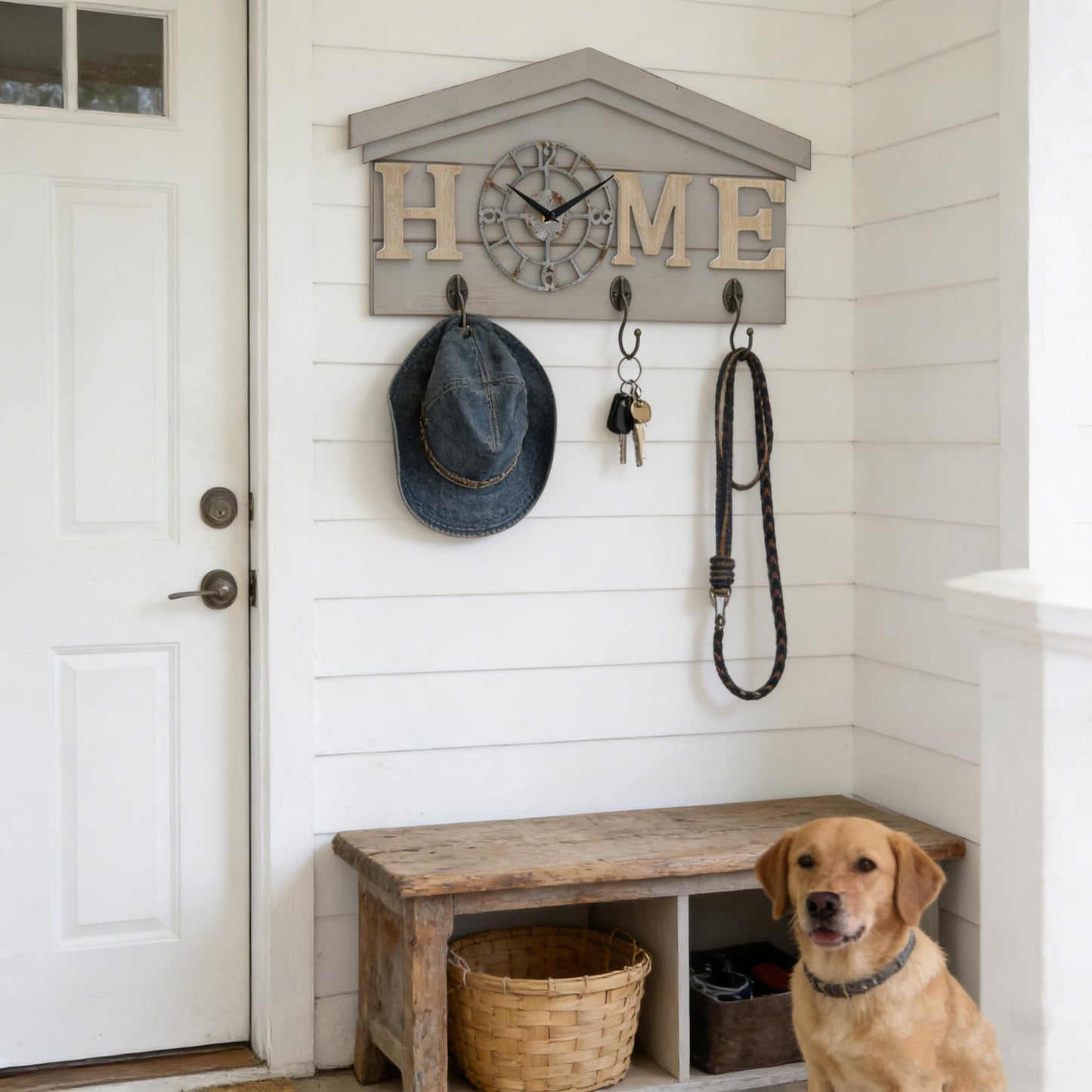 Farmhouse Battery Operated Wall Clock with Hooks Rustic Wooden Entryway Organizer with 3 Metal Hooks Key Hanger HOME letters Silent Quartz Clock Key Holder Wall Decor for Entryway Kitchen, Living Room