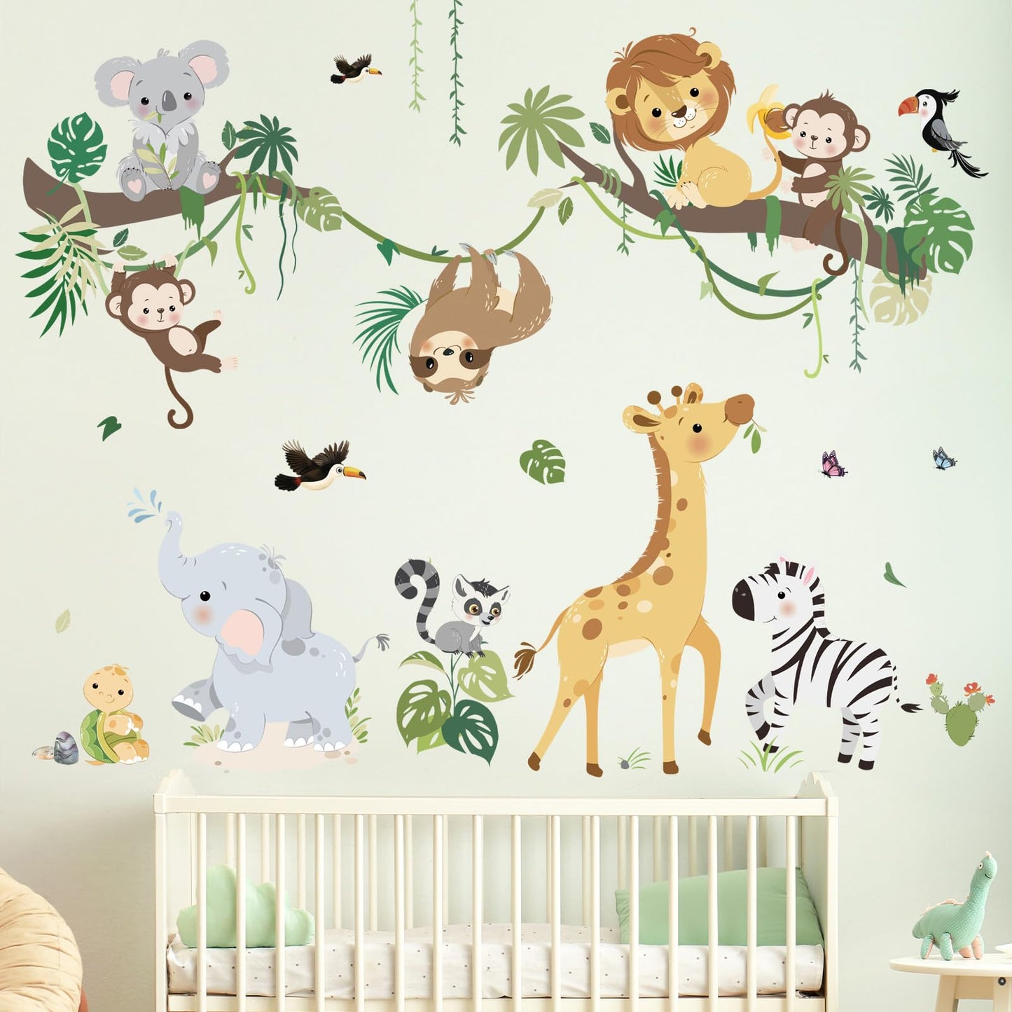 decalmile Jungle Animals Tree Branch Wall Decals Safari Monkey Giraffe Lion Wall Stickers Baby Nursery Kids Room Daycare Wall Decor