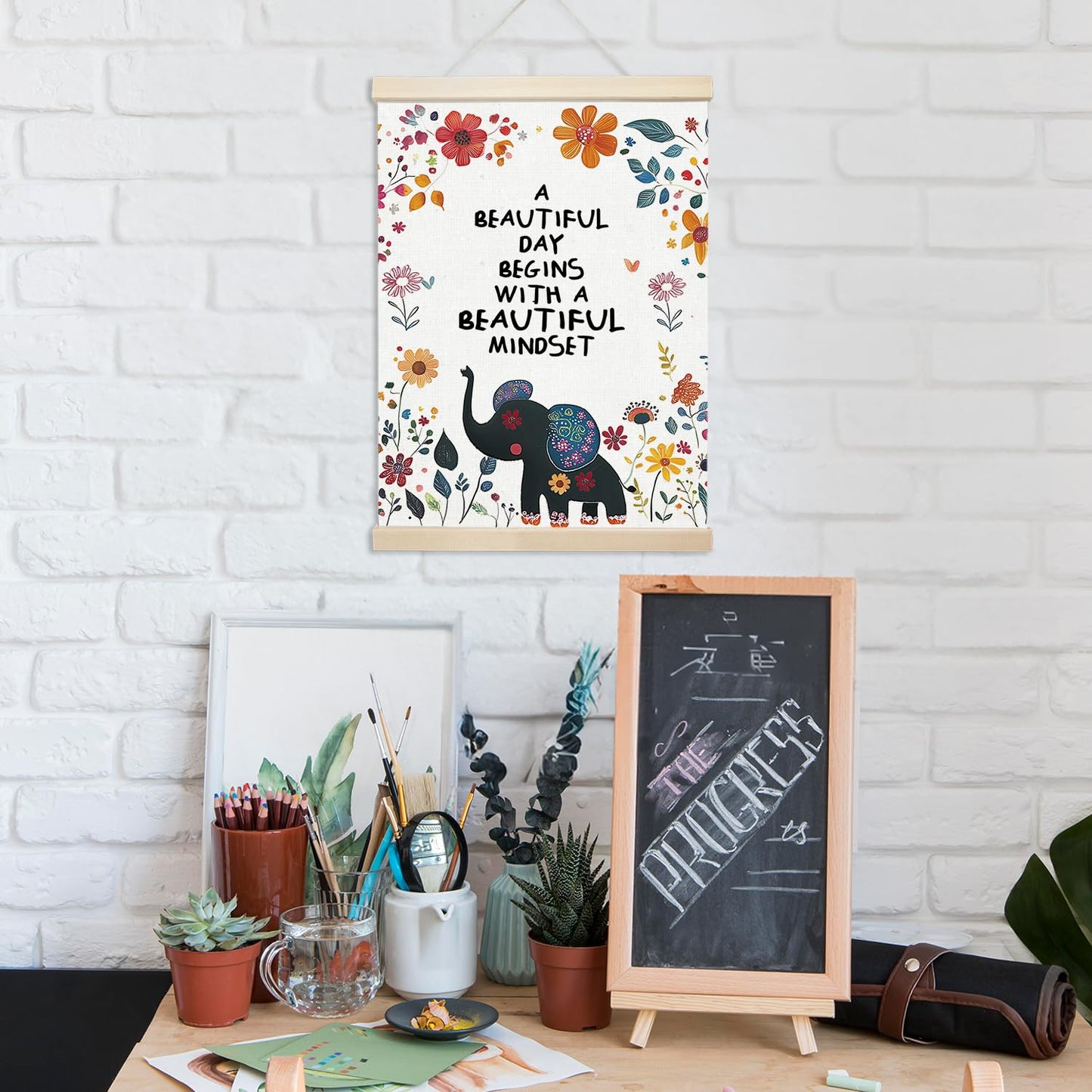 Xmsaitar Inspirational Elephant Floral Poster Hanger Frame Wall Decor, Nursery Mental Health Prints for Wall Decor Art, Rustic Flower Pictures Hanging for Girly Room Dorm Playroom 12x16in