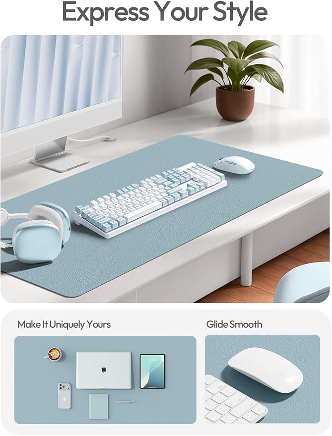 YSAGi Leather Desk Protector, Office Mat, Large Mouse Mat, Non-Slip PU Leather Blotter, Laptop Desk Mat, Waterproof Writing Pad for Office and Home(Ice Blue, 42" x 17.2")