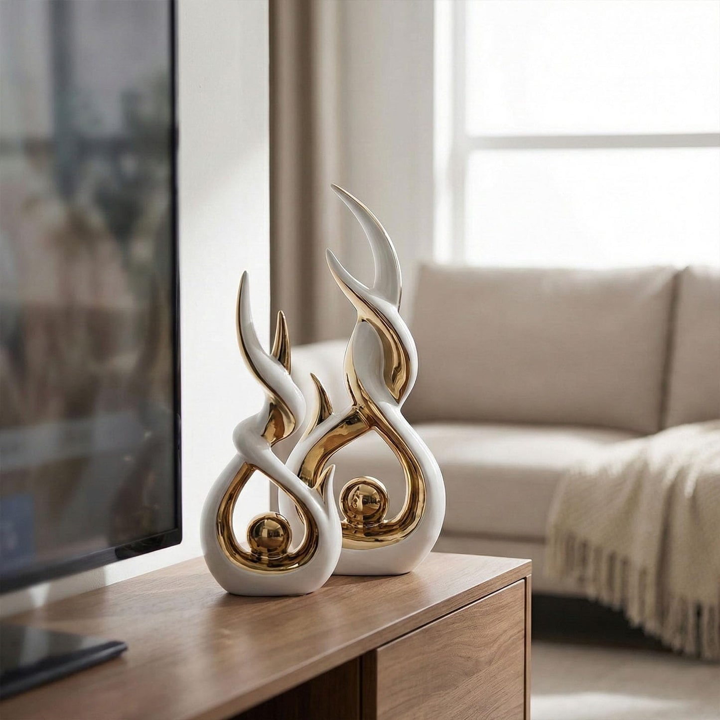 LCCCK White and Gold Abstract Ceramic Sculpture Set of 2 Modern Electroplated Figurines Decorative Statues for Living Room Shelf Mantel Tabletop Home Decor Housewarming Gift