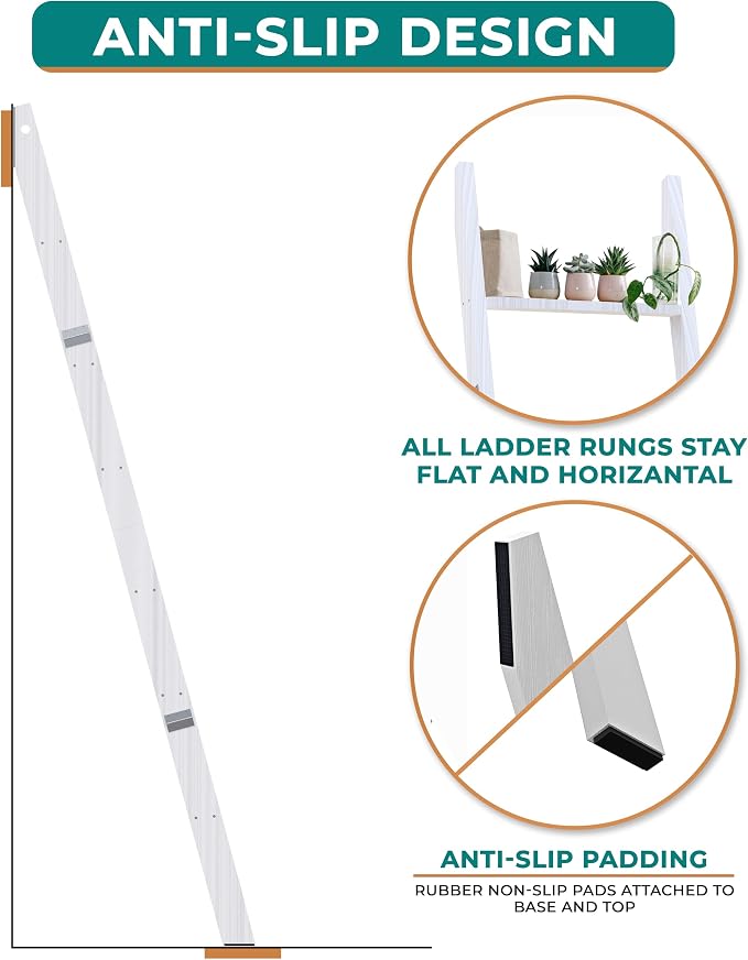 6 Tier Wooden Blanket Ladder - Rustic Style Quilt Ladder for Blankets - Blanket Rack for Wall - Blanket Holder - Farmhouse Decor Accent Furniture for Living Room (White, 6 Tier)
