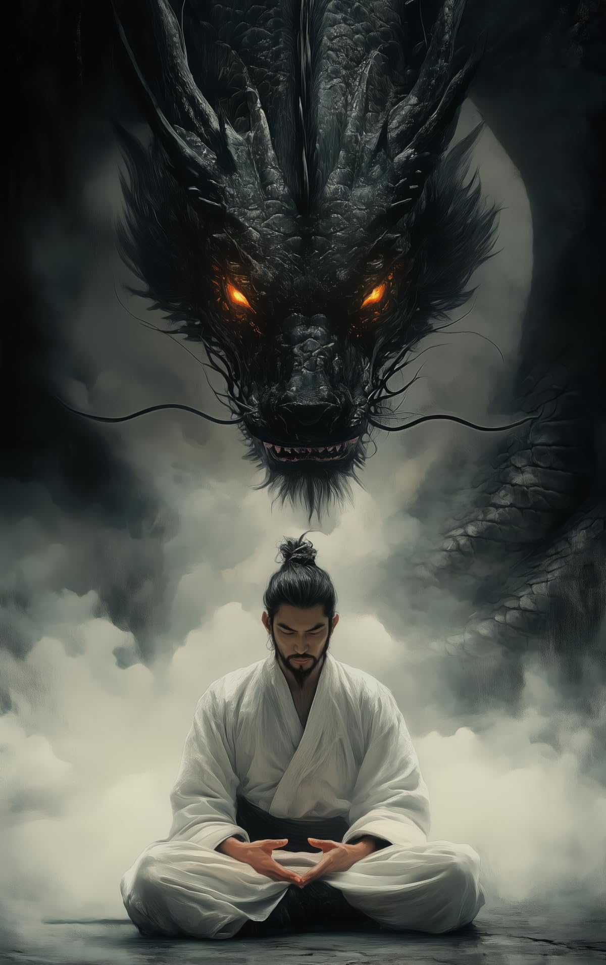 Meditating Samurai Black Dragon Wall Art Glowing Eyes Misty Japanese Warrior Canvas Print Oriental Dragon Zen Decor for Living Room Bedroom Home Office Ready to Hang-12x16 inch