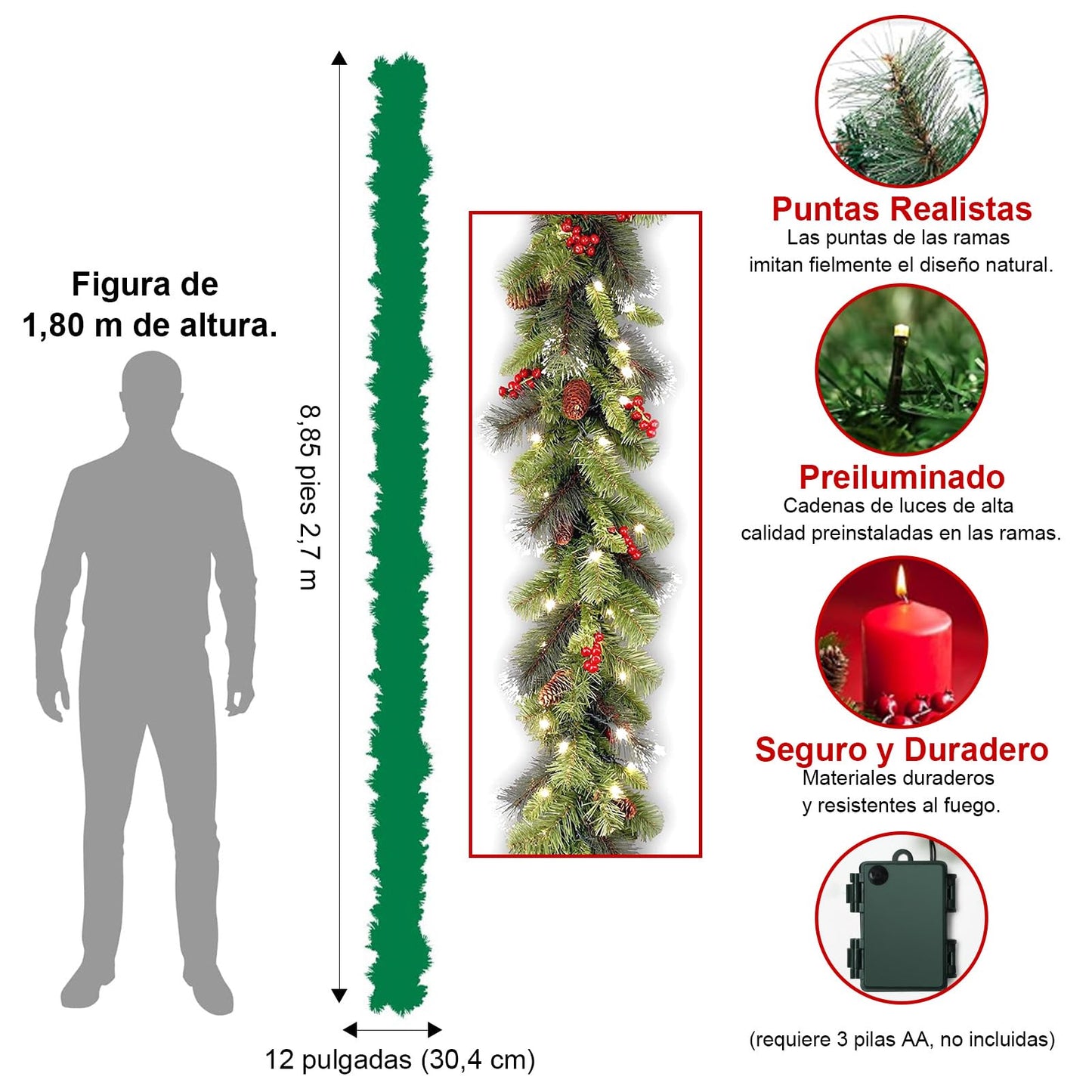Christmas Garland with Lights - 9FT Pre-Lit Flocked Garland with 50 LED Bulbs, Red Berries, Pine Cones, Artificial Pine Battery Operated Garland for Fireplace, Staircase, Indoor & Outdoor Decoration