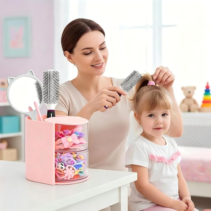 Luscinia Hair Accessories Organizer with Hair Brush Holder, Rotatable Makeup Brush and Jewelry Storage Box for Hair Clips, Earrings, Necklaces, Bracelets, Rings, and Daily Accessories (Pink, 2-Layer)
