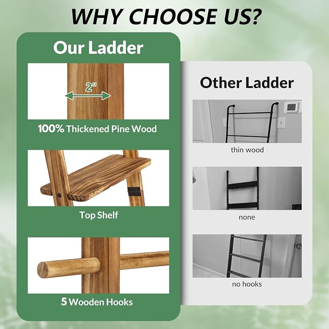 67" Wooden Blanket Ladder with Shelf and Hooks, 6-Tier Blanket Ladder for Living Room, Wall-Leaning Towel Ladder and Quilt Rack Storage, Farmhouse Decor Ladder for Display