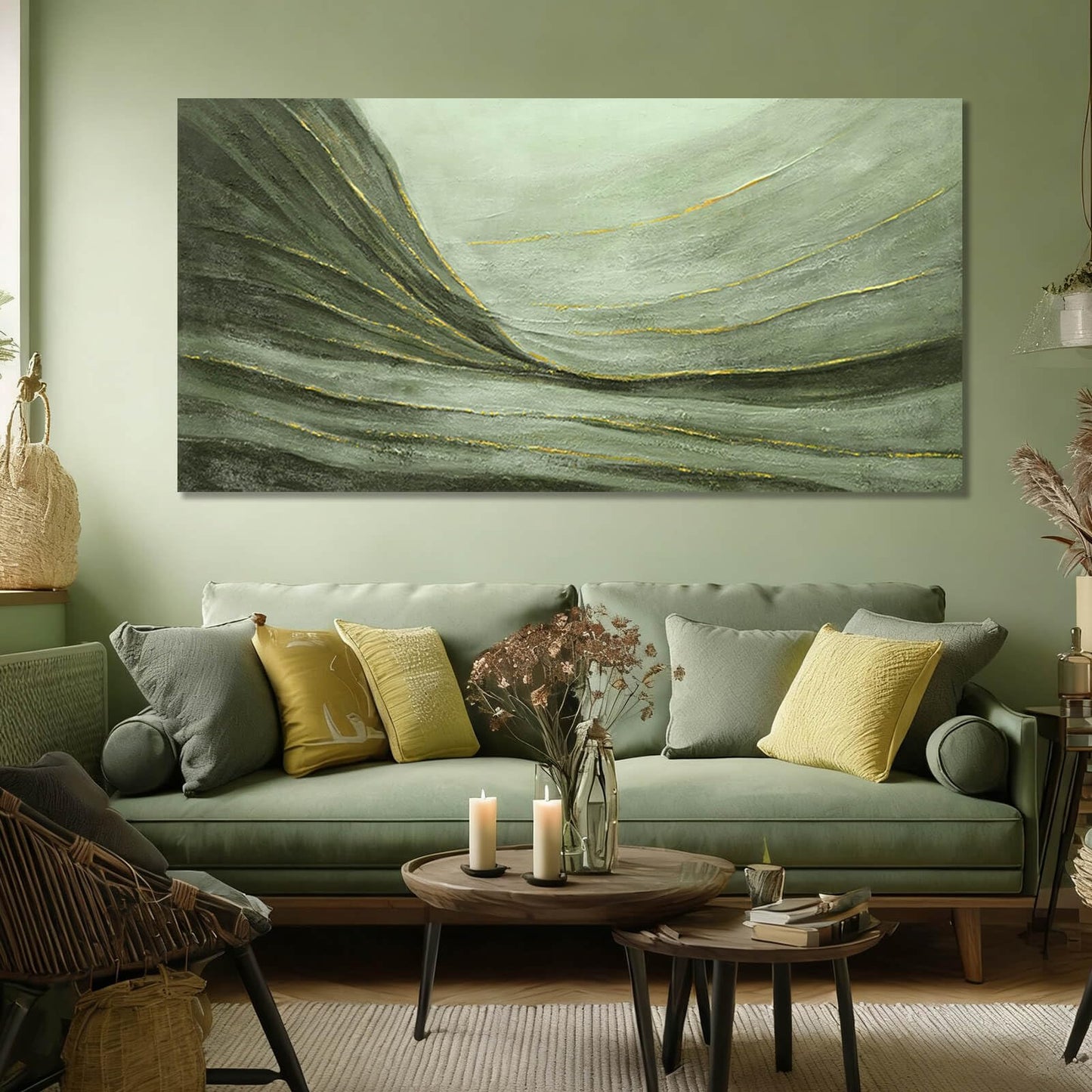 MLART99 Large Green and Gold Abstract Canvas Wall Art 24x48 Inch Modern Minimalist Painting for Living Room Bedroom Office Above Couch Wall Decoration Home Décor